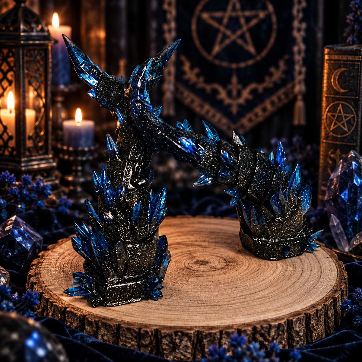 Zephrax Kristall-Dämonenhörner aus Resin vor dunkler blau-schwarzer Fantasy-Kulisse