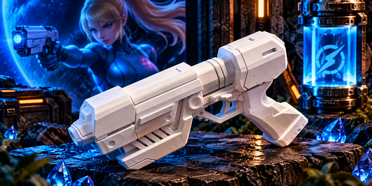 Zero Suit Samus Paralyzier Gun Metroid Cosplay-Replik aus weißem PLA vor blau-orange beleuchteter Sci-Fi-Kulisse
