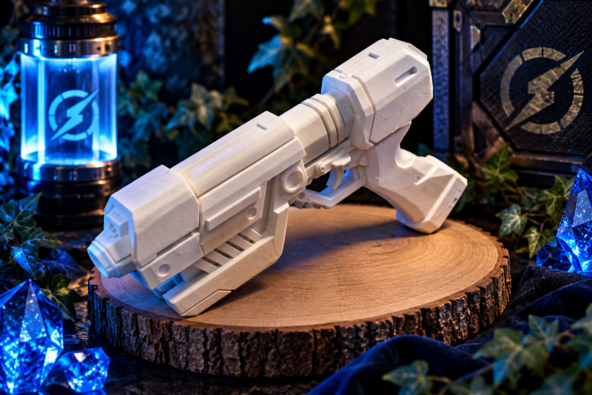 Zero Suit Samus Paralyzier Gun aus PLA vor futuristischer blauer Sci-Fi-Kulisse